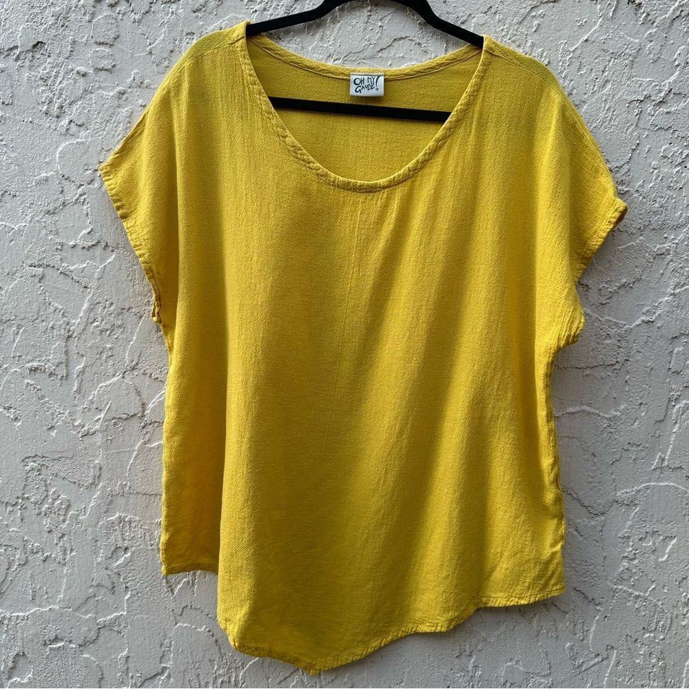 OH MY GAUZE Blouse Top Women Size Large Lagenlook Yellow Cotton
